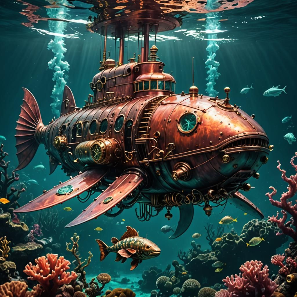 Steampunk Submarine Attacked by Kraken in Ocean