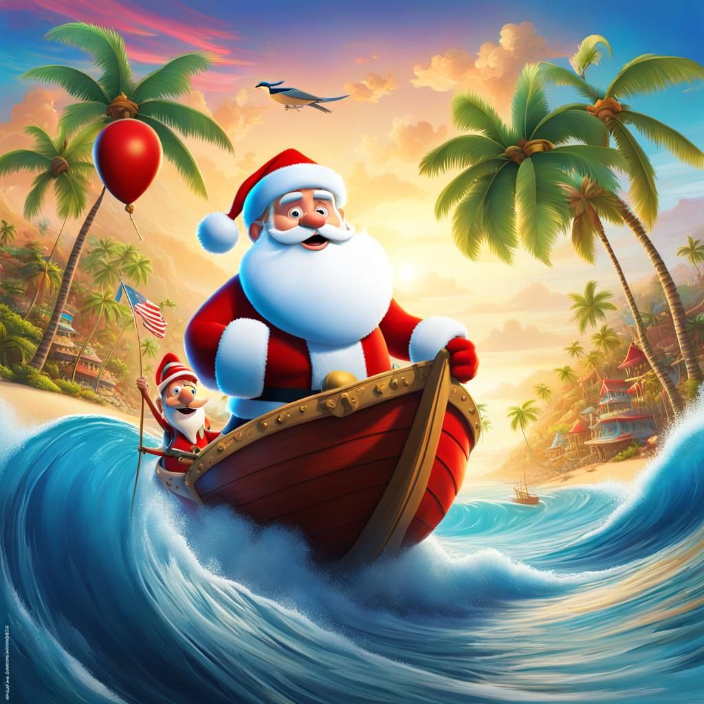 Santa Claus on Tropical Beach: Disney Pixar 3D Illustration