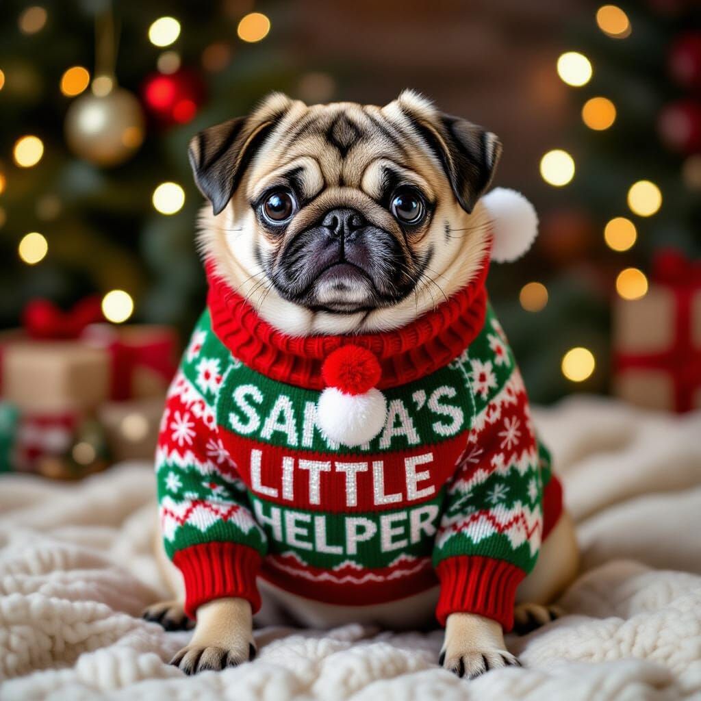 Adorable Pug in Ugly Christmas Sweater Photo