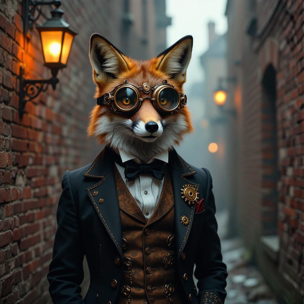 Surrealism. Medium shot. An anthropomorphic fox wearing orna...
