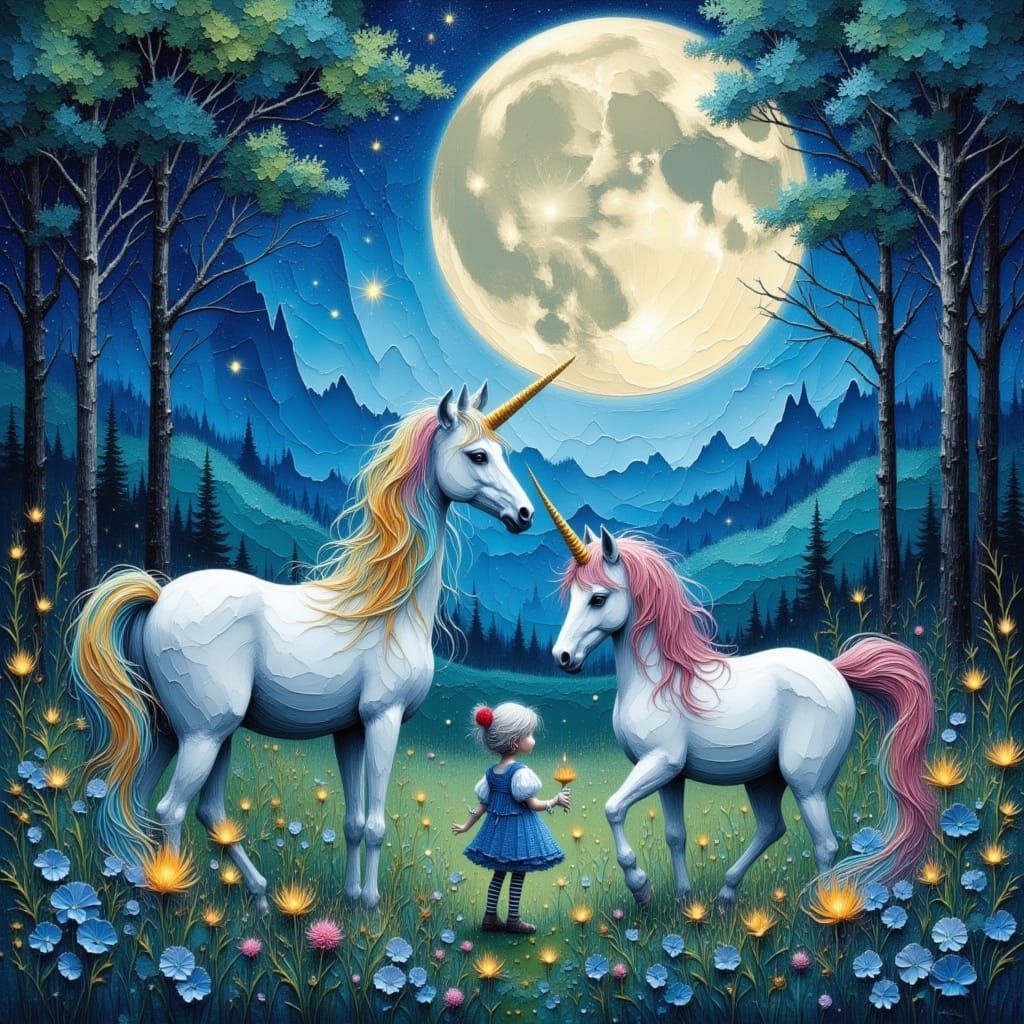 Two Unicorns Meet Girl in Moonlit Woodland Clearing