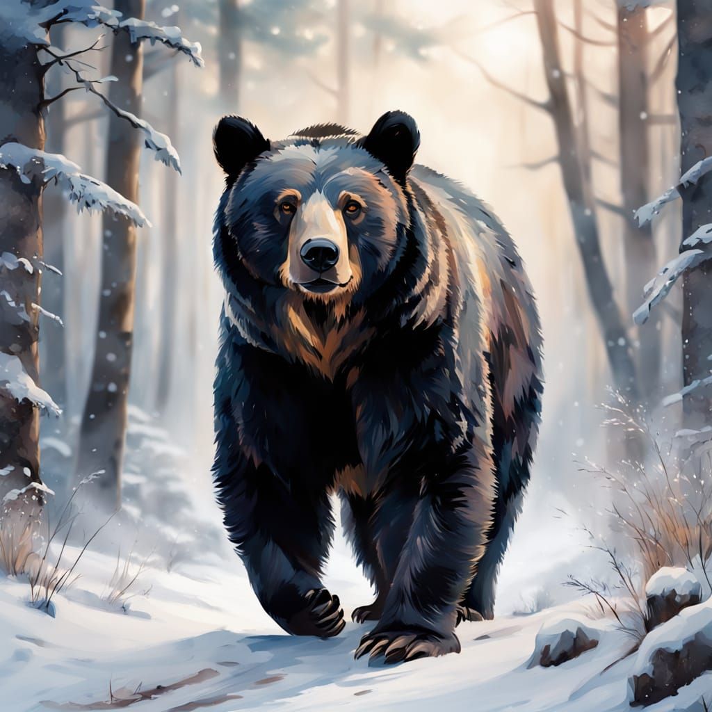 Majestic Watercolour Portrait of a Black Bear in Winter