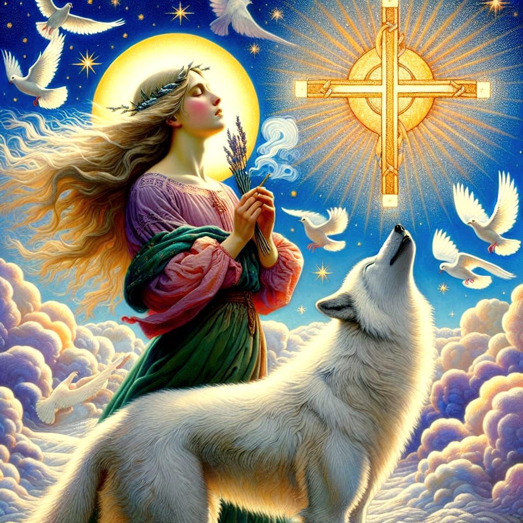 Scandinavian Woman and Wolf in Rossetti Style