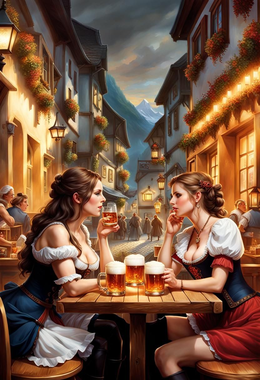 Oktoberfest Lesbian Kiss: Vivid Fantasy Art Scene
