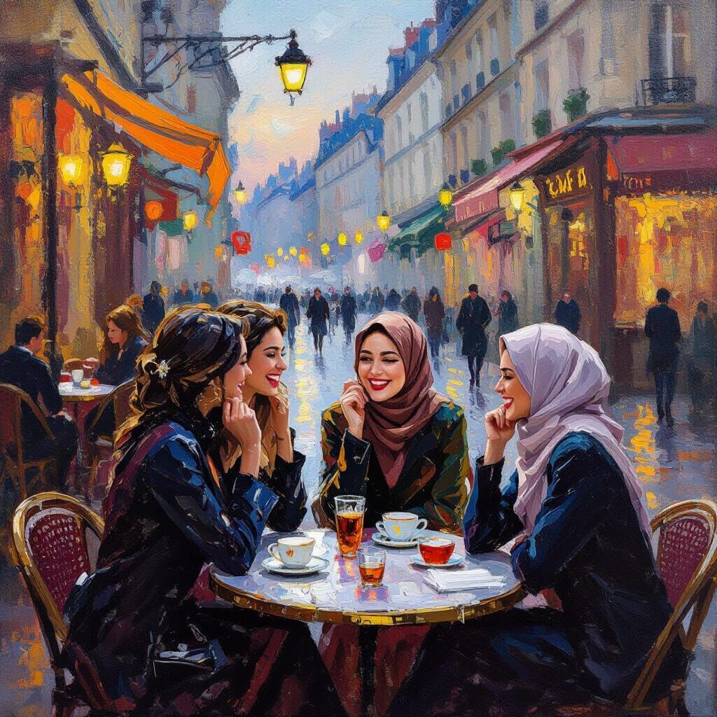 Impressionist Parisian Cafe Scene at Dusk