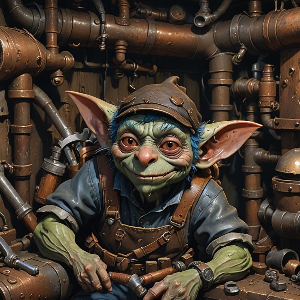 Goblin Plumber in Basement, Renaissance Oil Painting Style