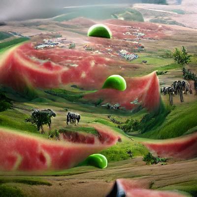 Watermelon Planet with Green Cows: Matte Painting