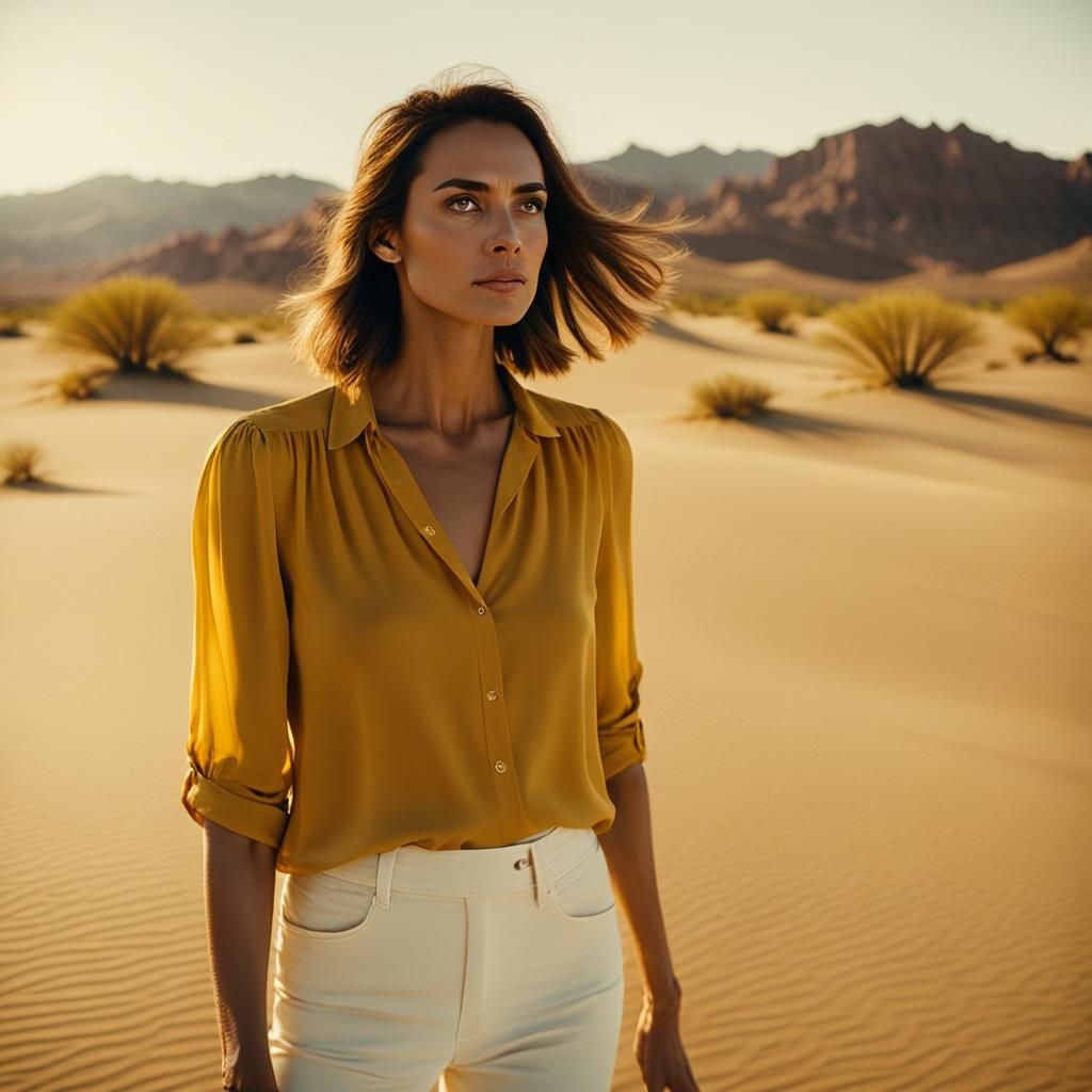 Woman in Desert Landscape with Film Noir Aesthetic
