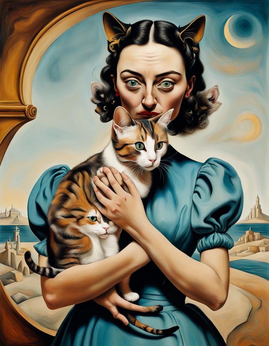 Surreal Woman Holding Cat, in Salvador Dali Style