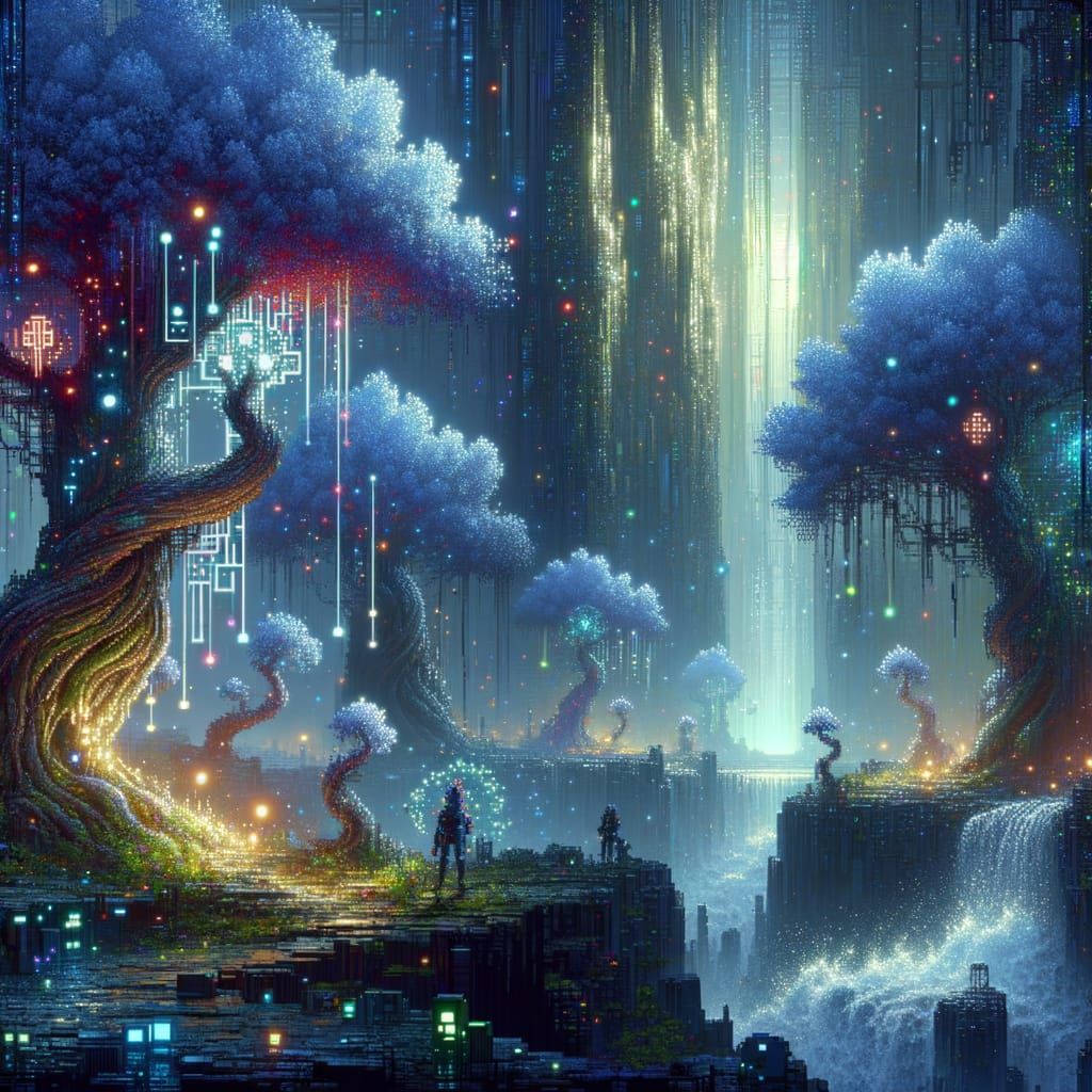 Mystical Technology in Hyperdetailed 8-bit Pixel Art