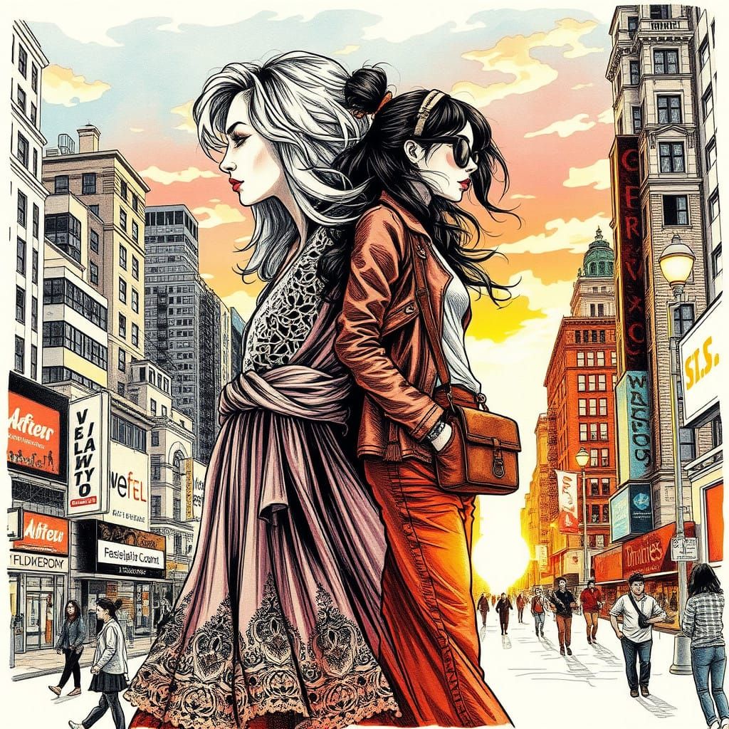 Double Exposure Ink Drawing of Two Women in City