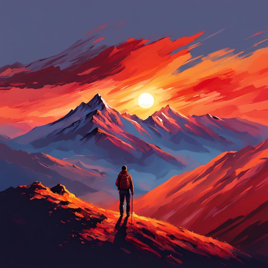 Sunrise Over Alps: Hiker on Mountain Peak in Impressionist S...