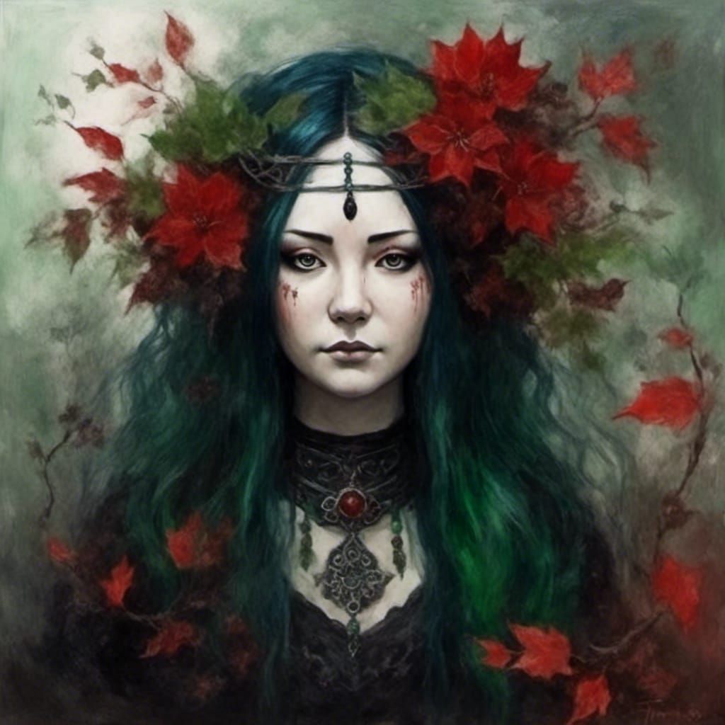 Gothic Dark Flower Goddess Portrait in Hazy Mist