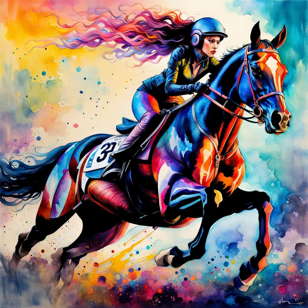 cyberpunk woman horseracing, motion shot creative splashy Watercolour , Waterhouse, Josephine Wall, WLOP, chaotic cinema...