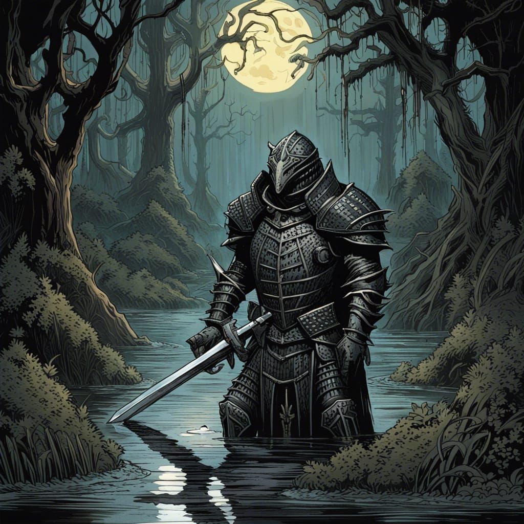 Gothic Crocodile Knight in Dark Swamp