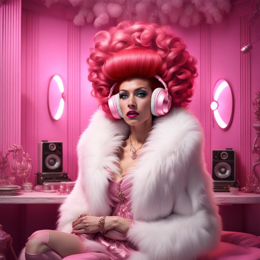 Campy Drag Queen in White Fur with Bouffant