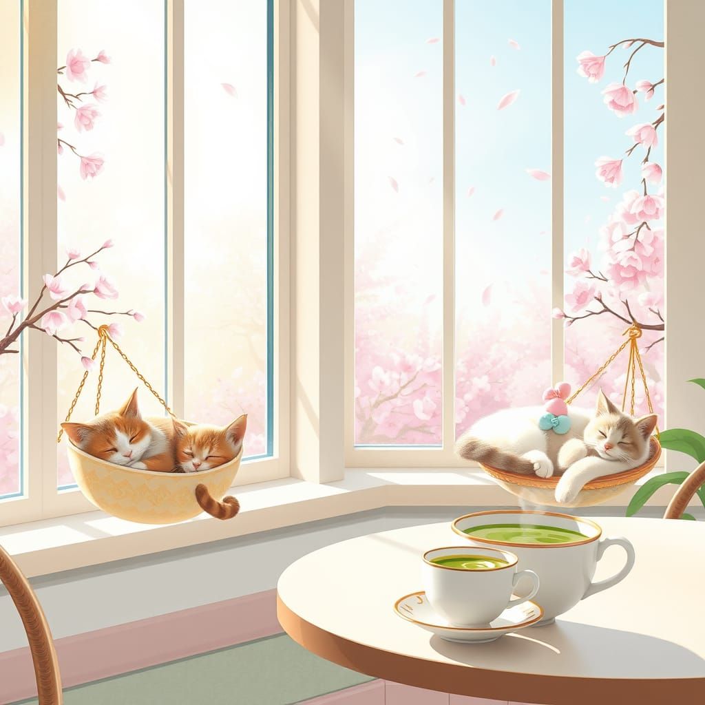 Whimsical Sunlit Cat Café in Pastel Hues