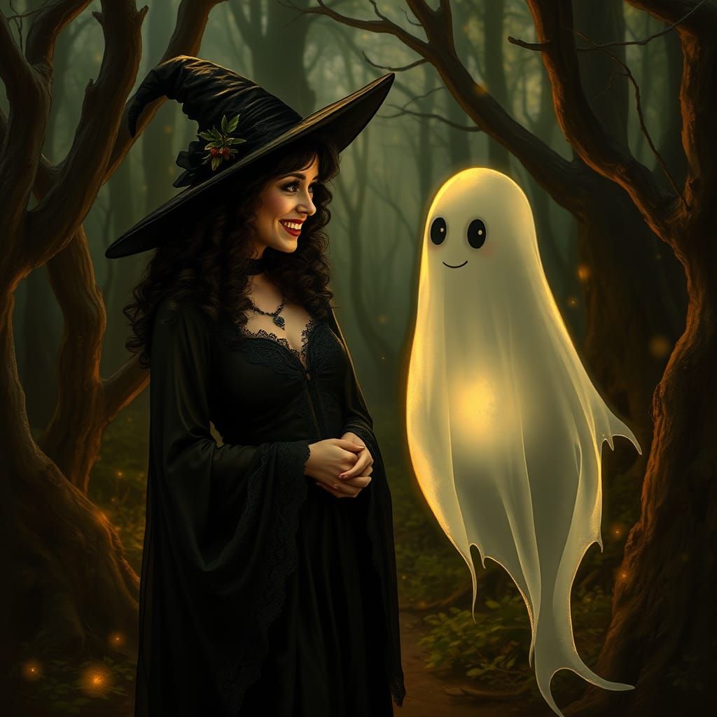 Mystical Witch and Ghost Conversation in Forest