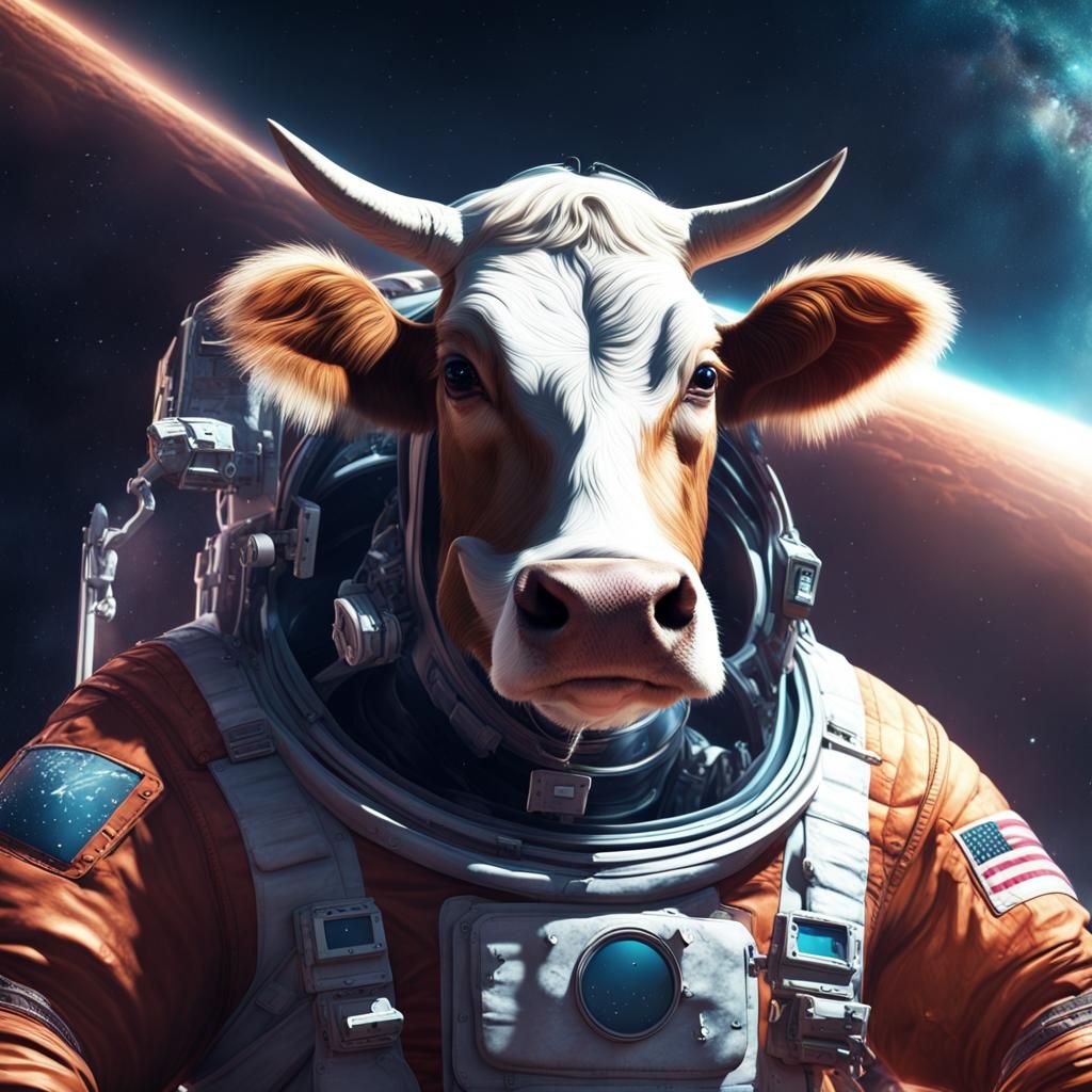 Astronaut Cow in Space: Detailed Matte Painting