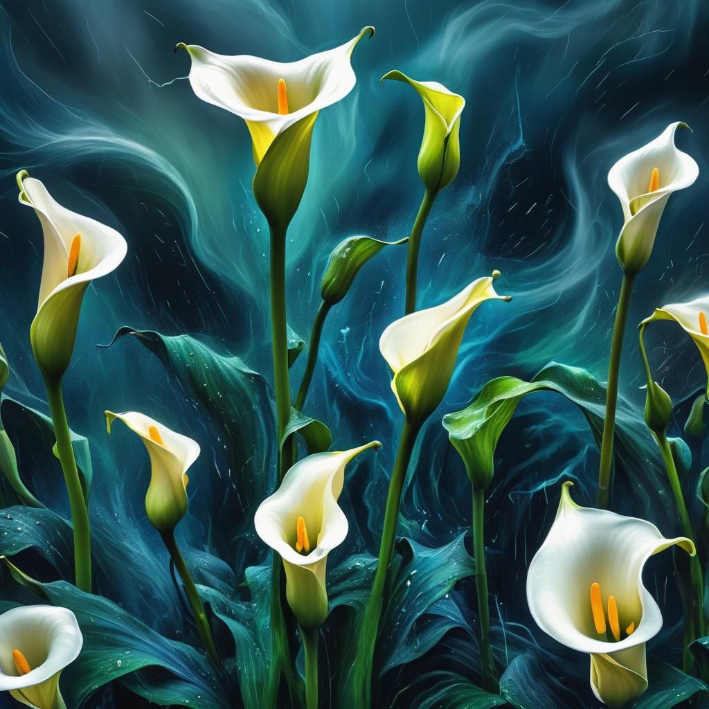 Surreal Calla Lily Storm in Dreamlike Glitch Art
