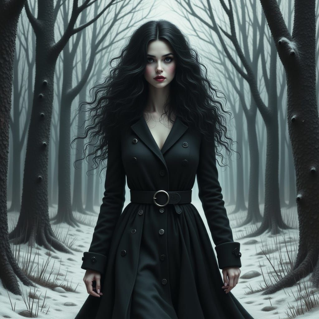 Dark-Haired Woman in Snowy Forest, Horror Aesthetic