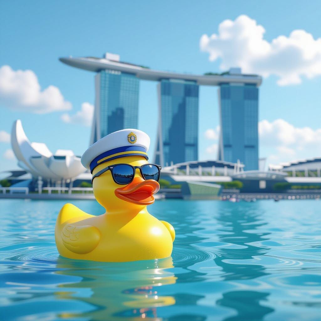 Giant Yellow Ducky Meets Merlion in Singapore