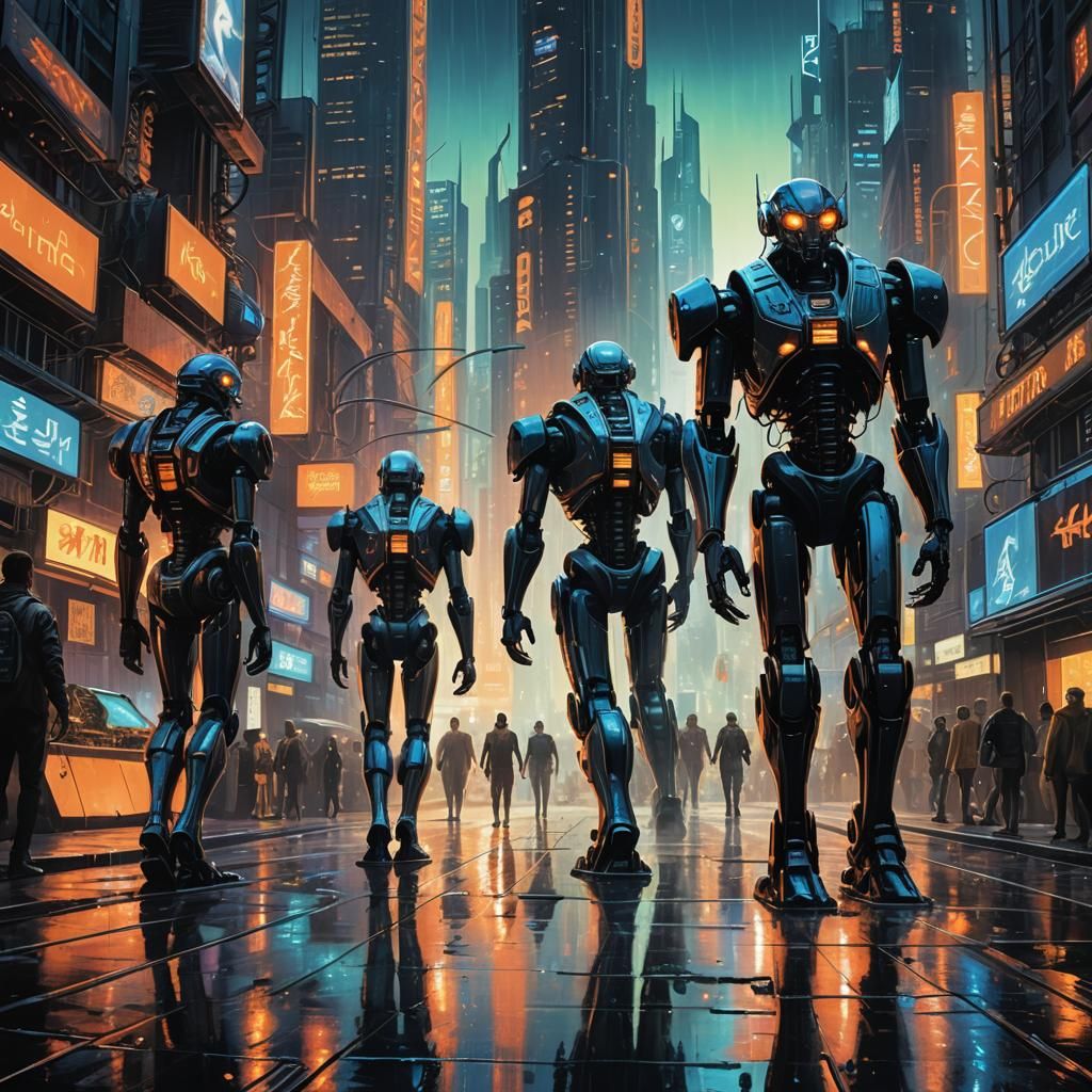 Futuristic Cityscape with Robots in Vibrant Oil Painting