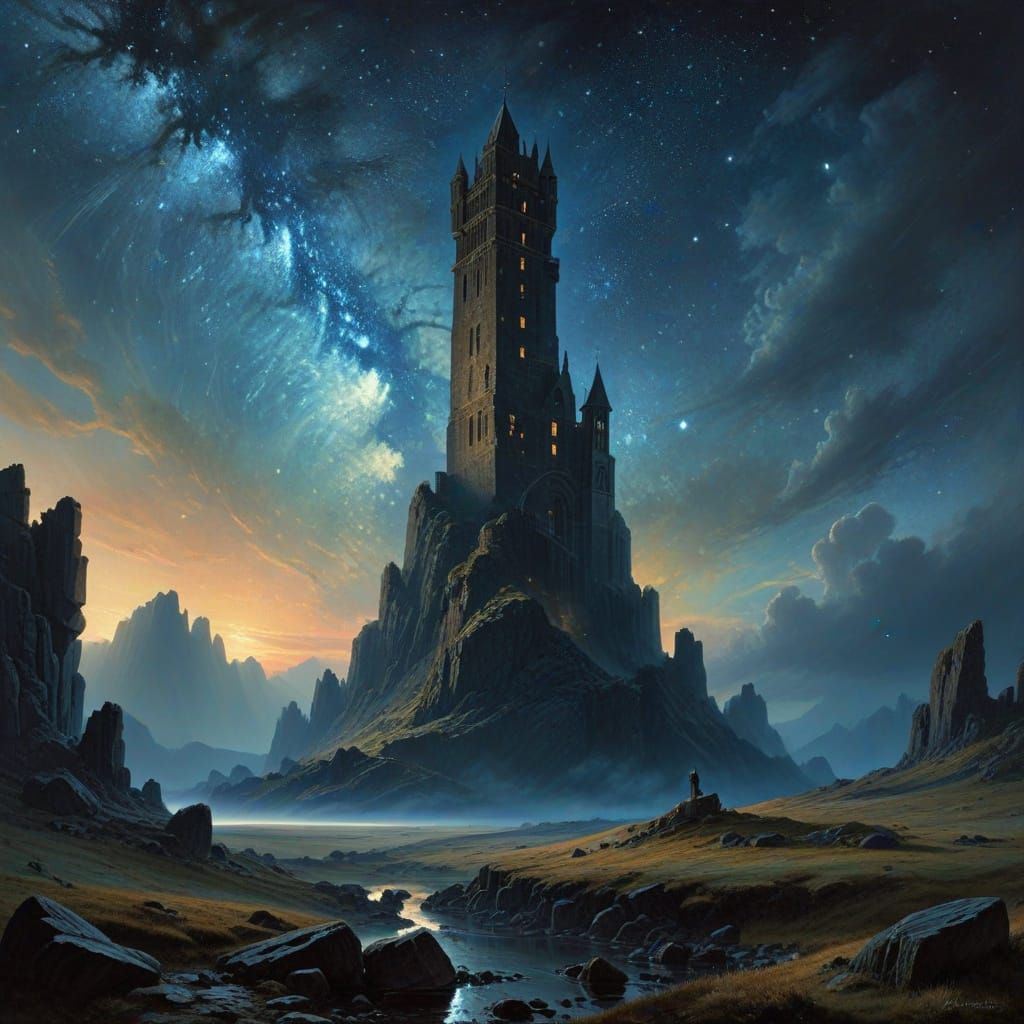 Ancient Tower in Vibrant Cosmic Nebula