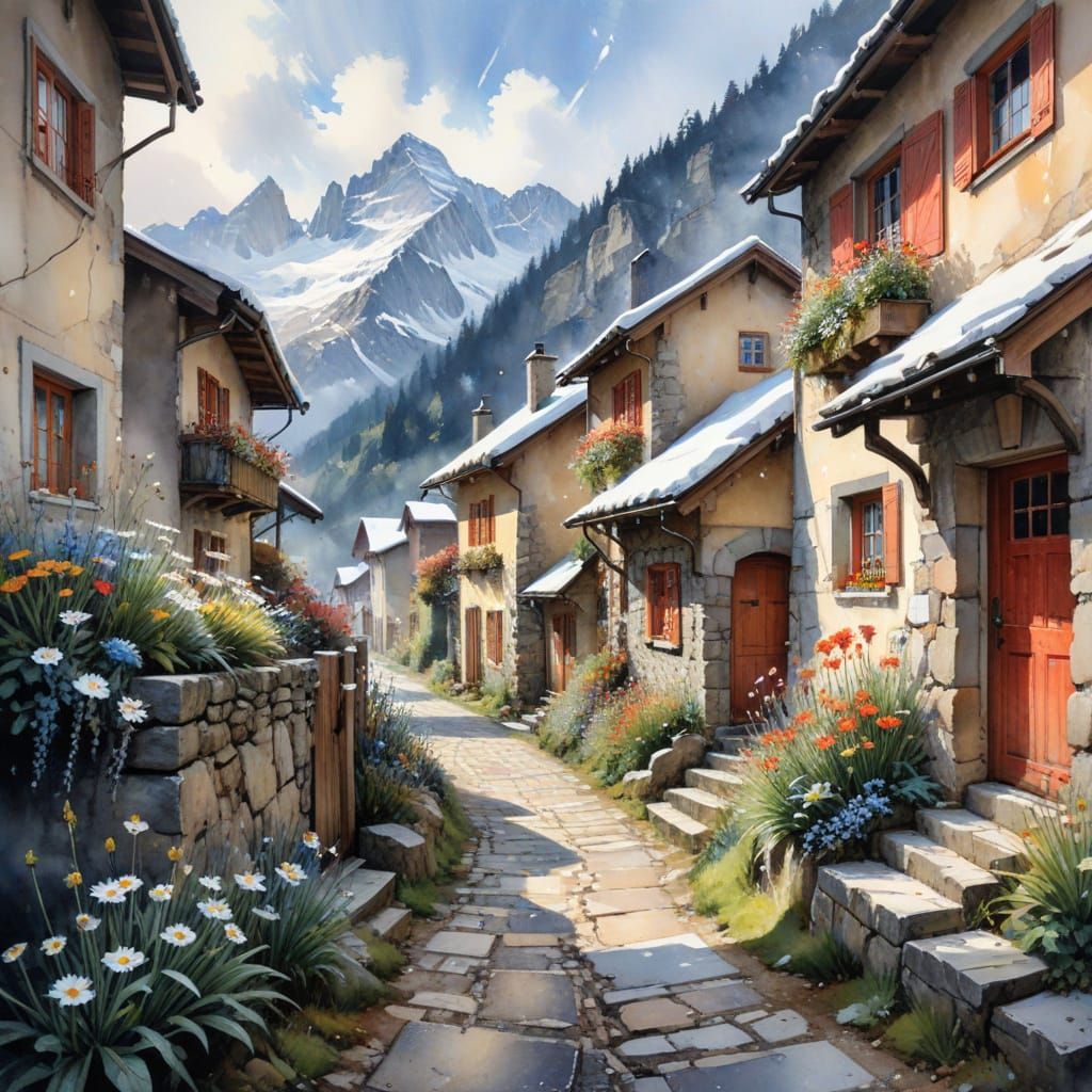Alpine Village on a Brisk Morning: Watercolour Landscape