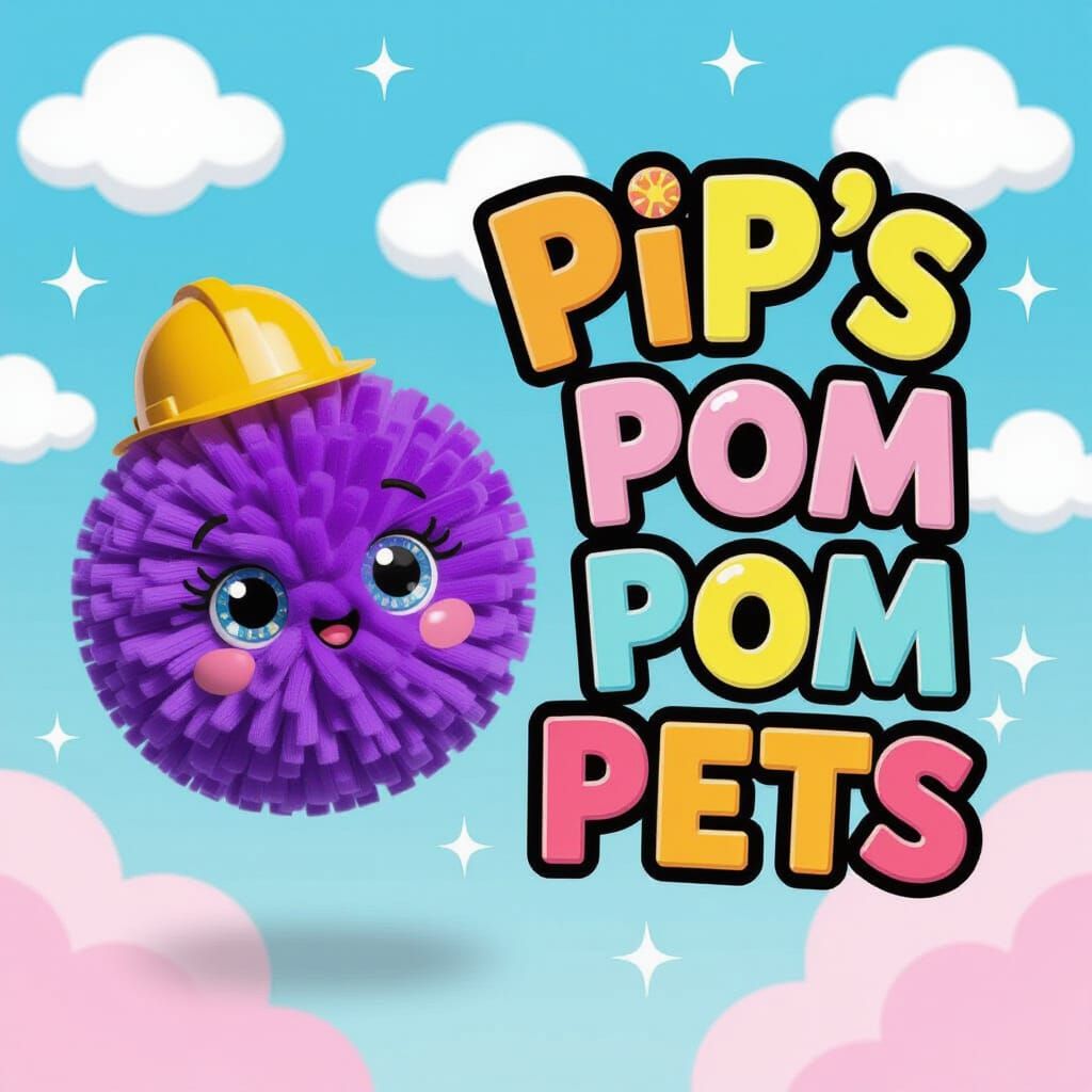 Purple Pom Pom Pet with Hard Hat in Whimsical Style