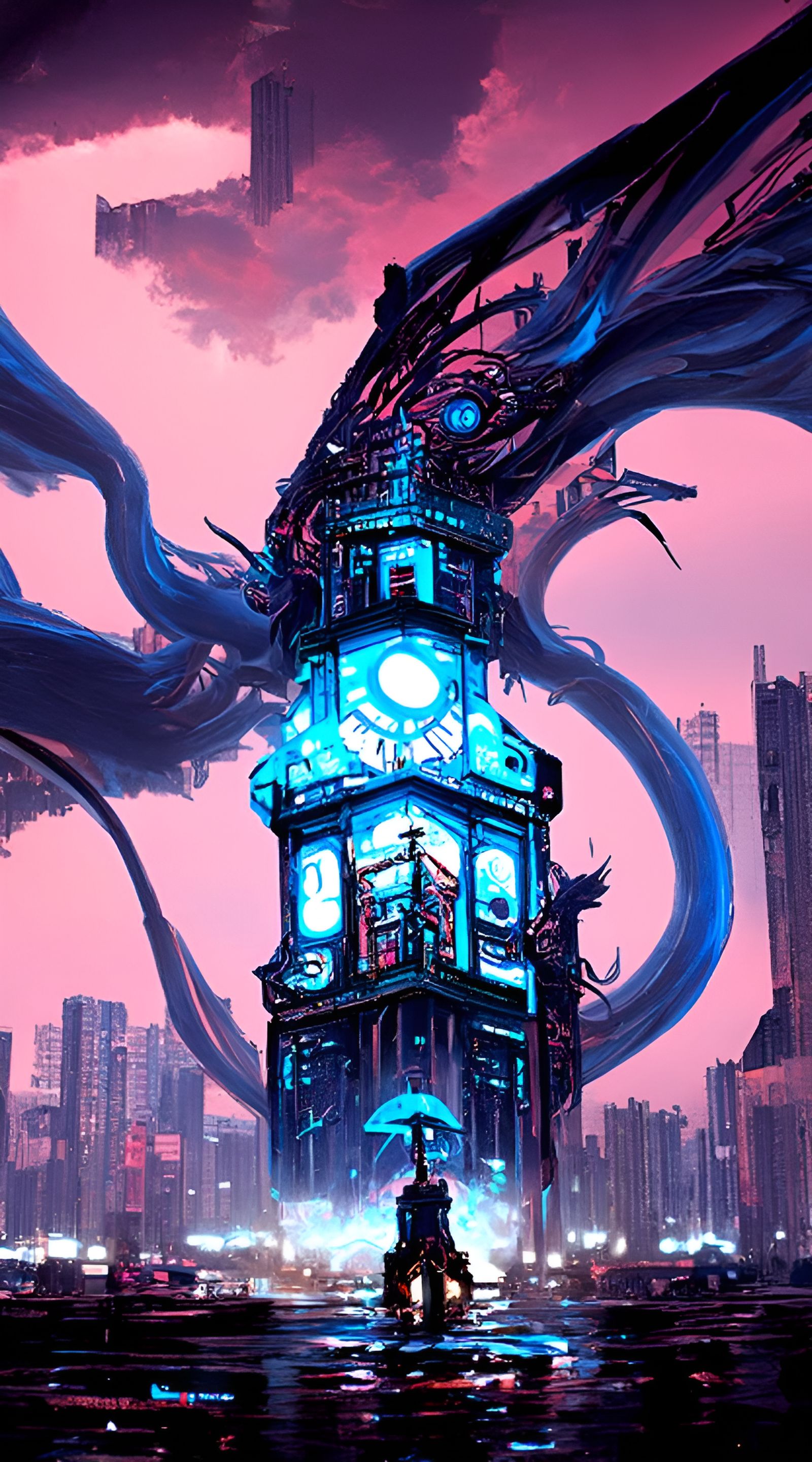 Blue Dragon Perched Atop Cyberpunk Clocktower
