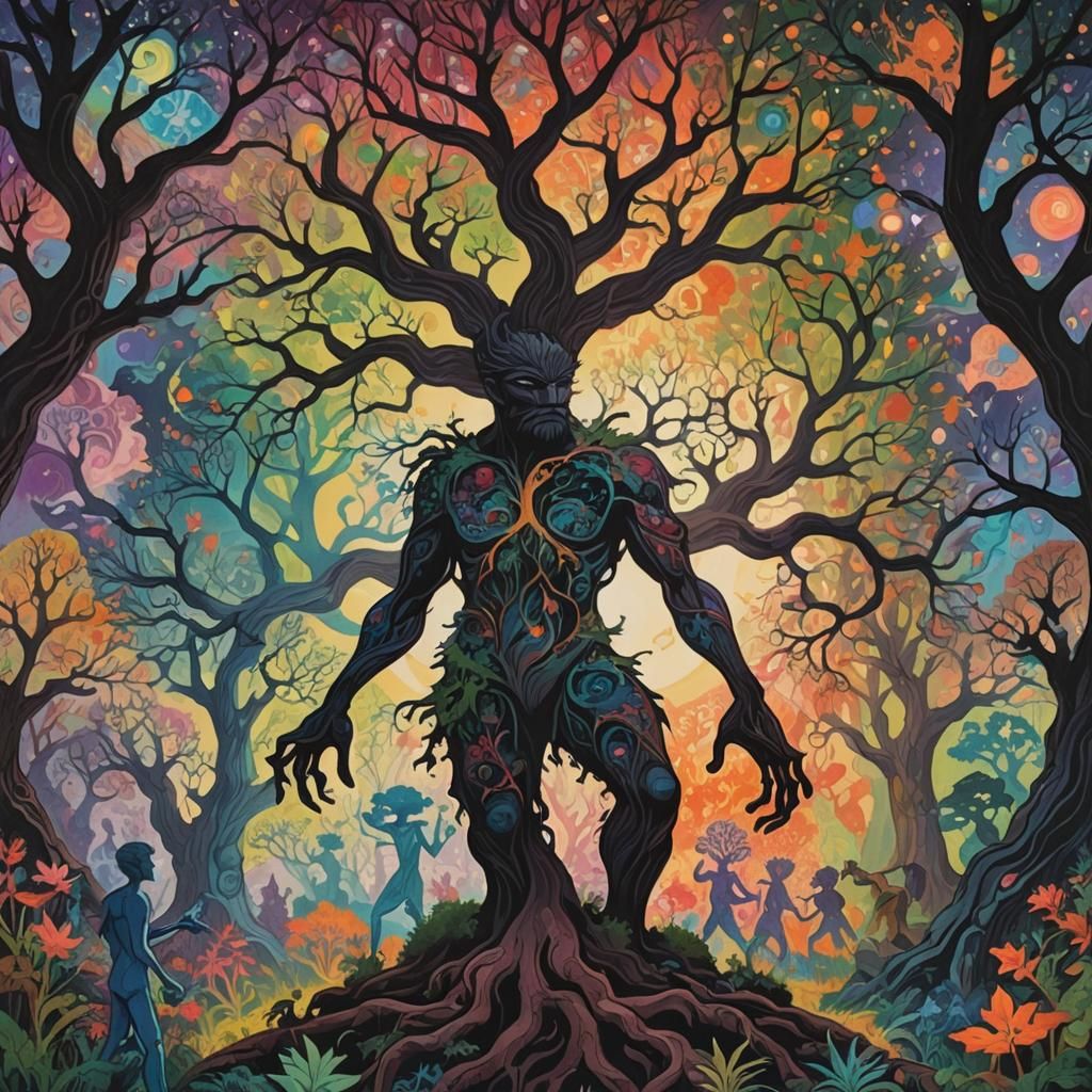 Psychedelic Silhouette: Man, Tree, and Dancing Creatures