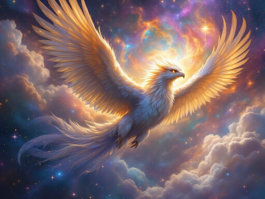 Ethereal Griffin Soars Through Swirling Nebula in Vibrant Co...