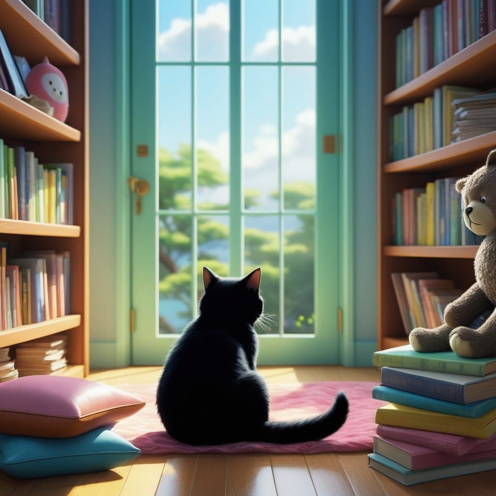Whimsical Book Nook Scene with Sleeping Kitten