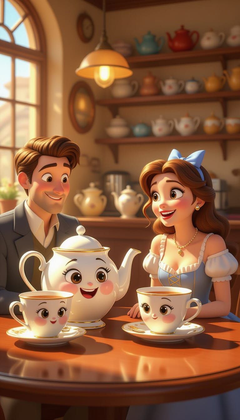 Anthropomorphic Teapot and Cups in Whimsical Cafe