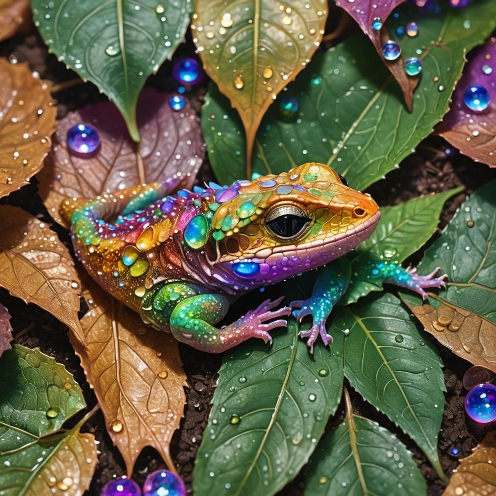 Cosmic Kawaii Lizard Sleeping Under Leaf