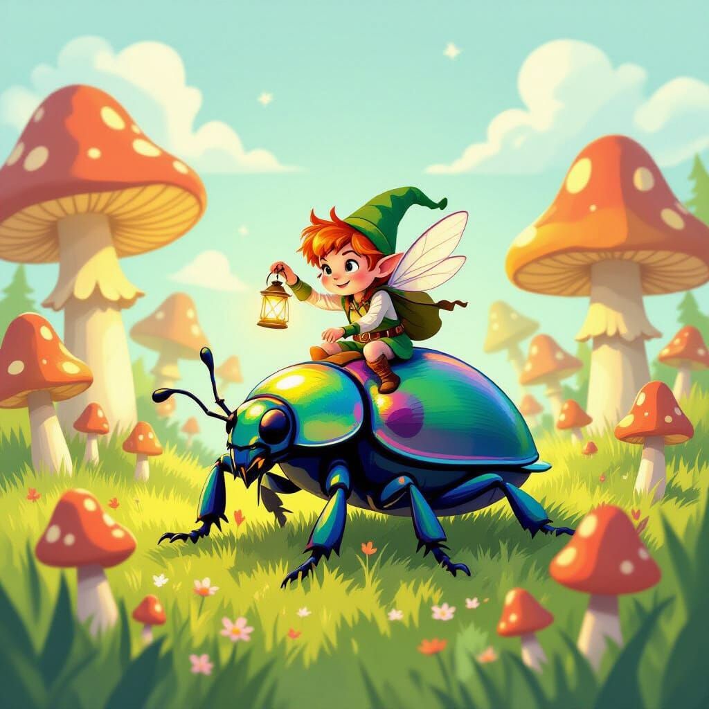 Sprite Rides Beetle Through Mushroom Field