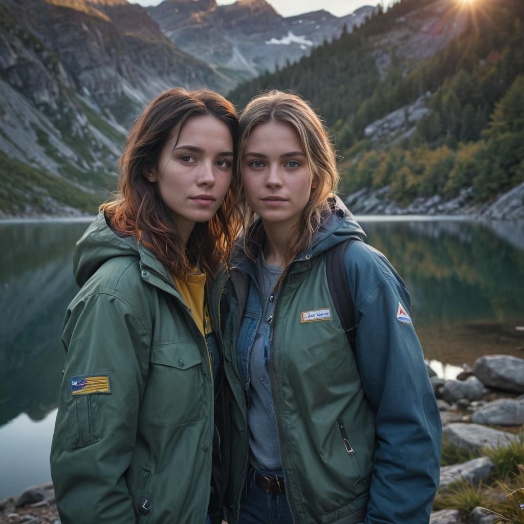 Women Cuddling by Lake at Sunrise: Concept Art