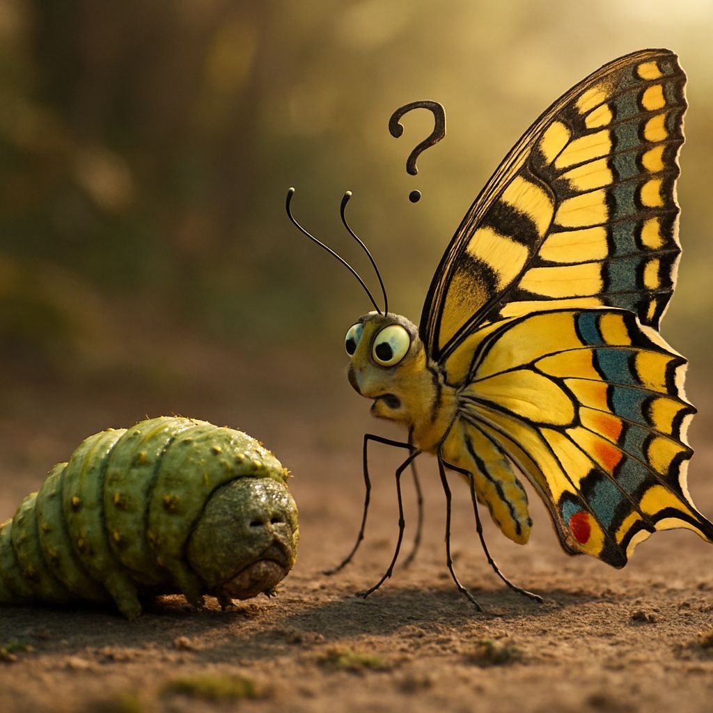 Confused Swallowtail Butterfly Looks at Caterpillar