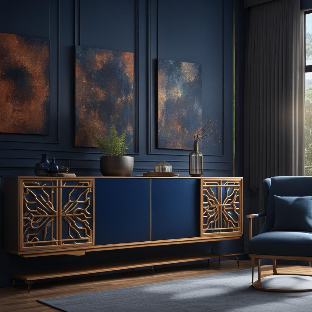 Modern Living Room Interior with Dark Blue Wall