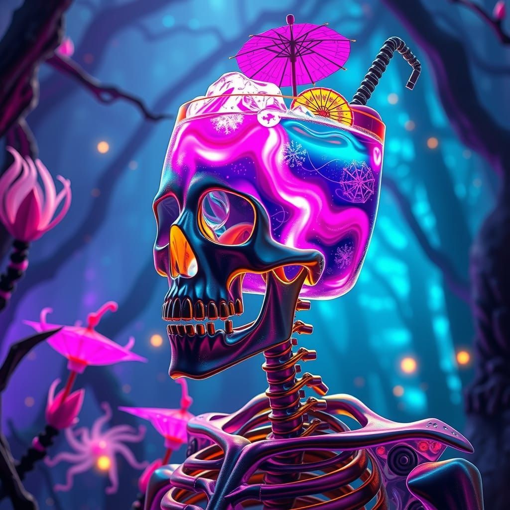 Crystal Skeleton Cocktail in a Neon Dreamscape