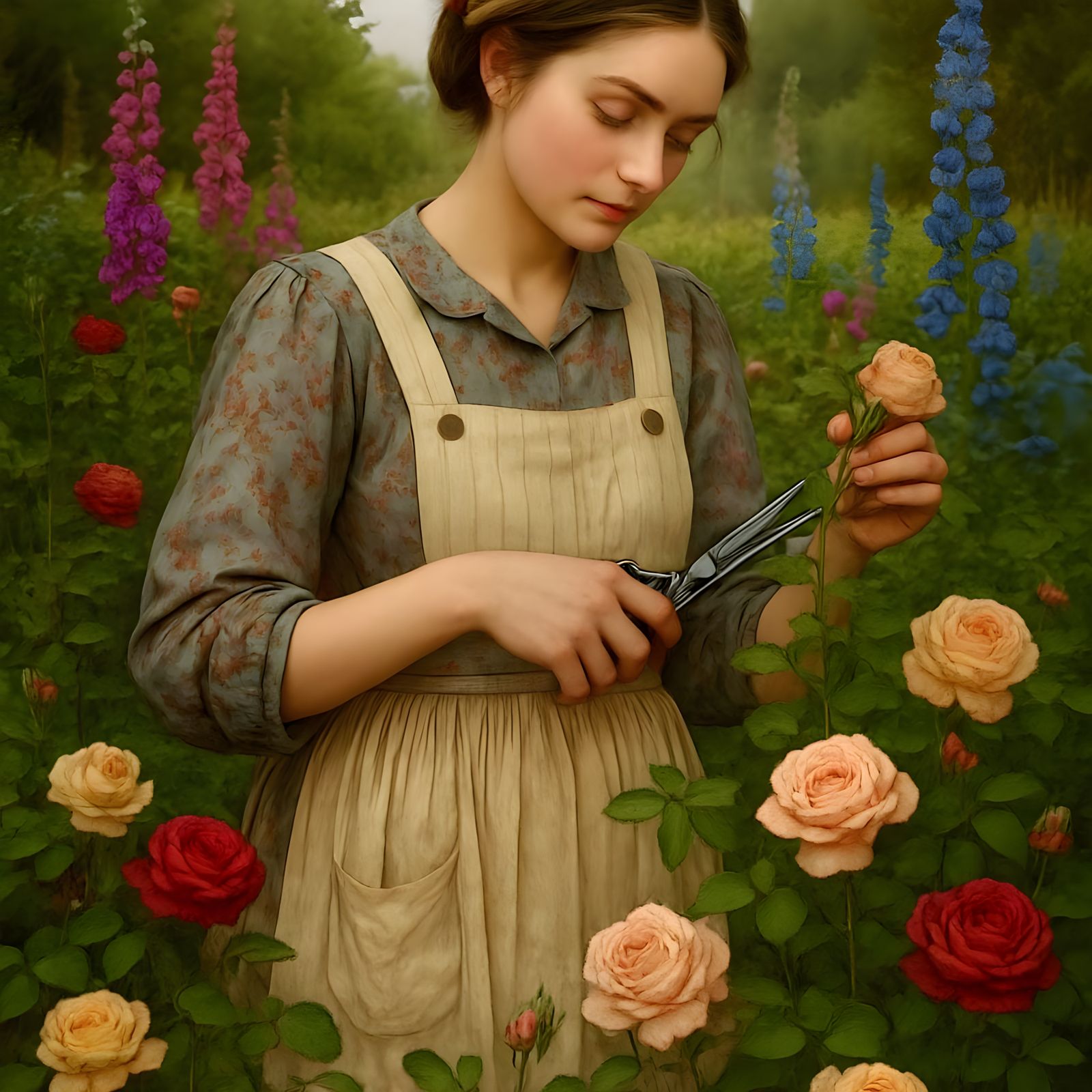 Kind Woman in Cottage Garden: Photorealistic Image