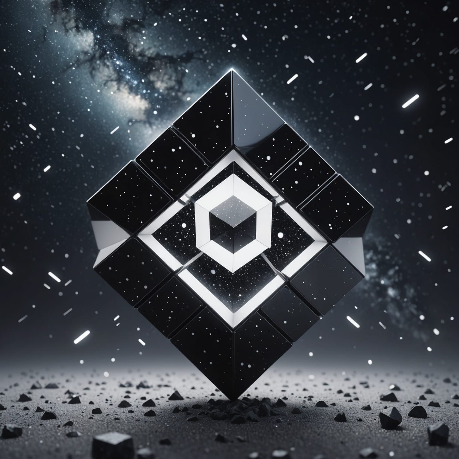 Monochrome Magic Cube Amidst Stardust