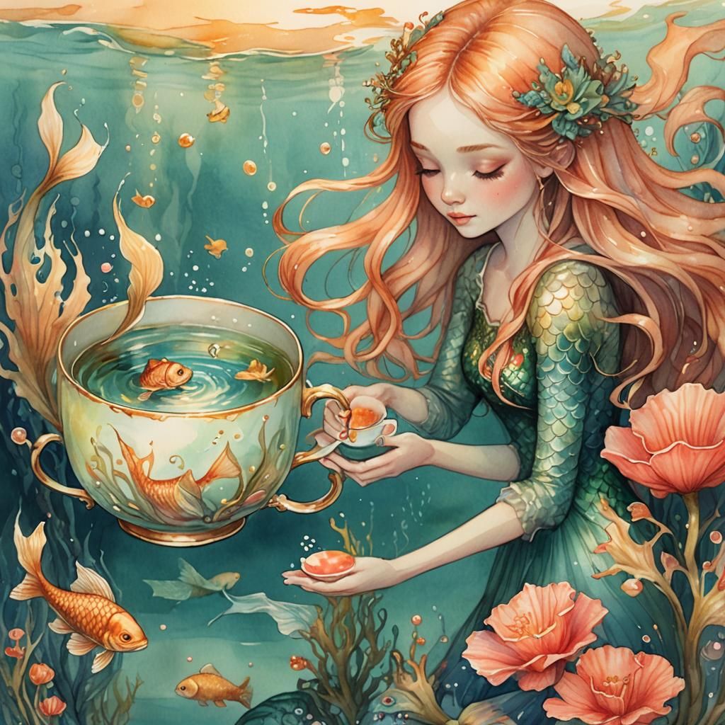 Girl and Mermaid in Teacup Watercolor Illustration