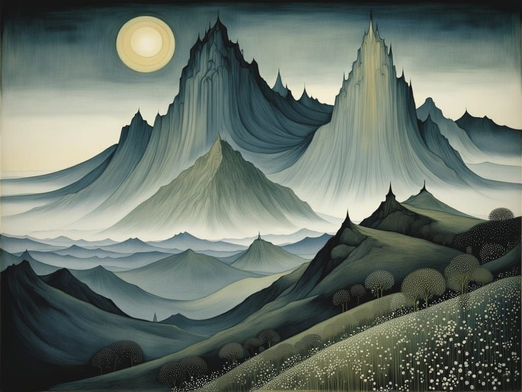 Surreal Mountain Landscape in Whimsical Elegance