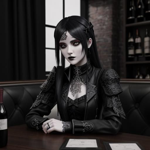 Goth Fashion Model in Coffee Shop: Black and White Photograp...