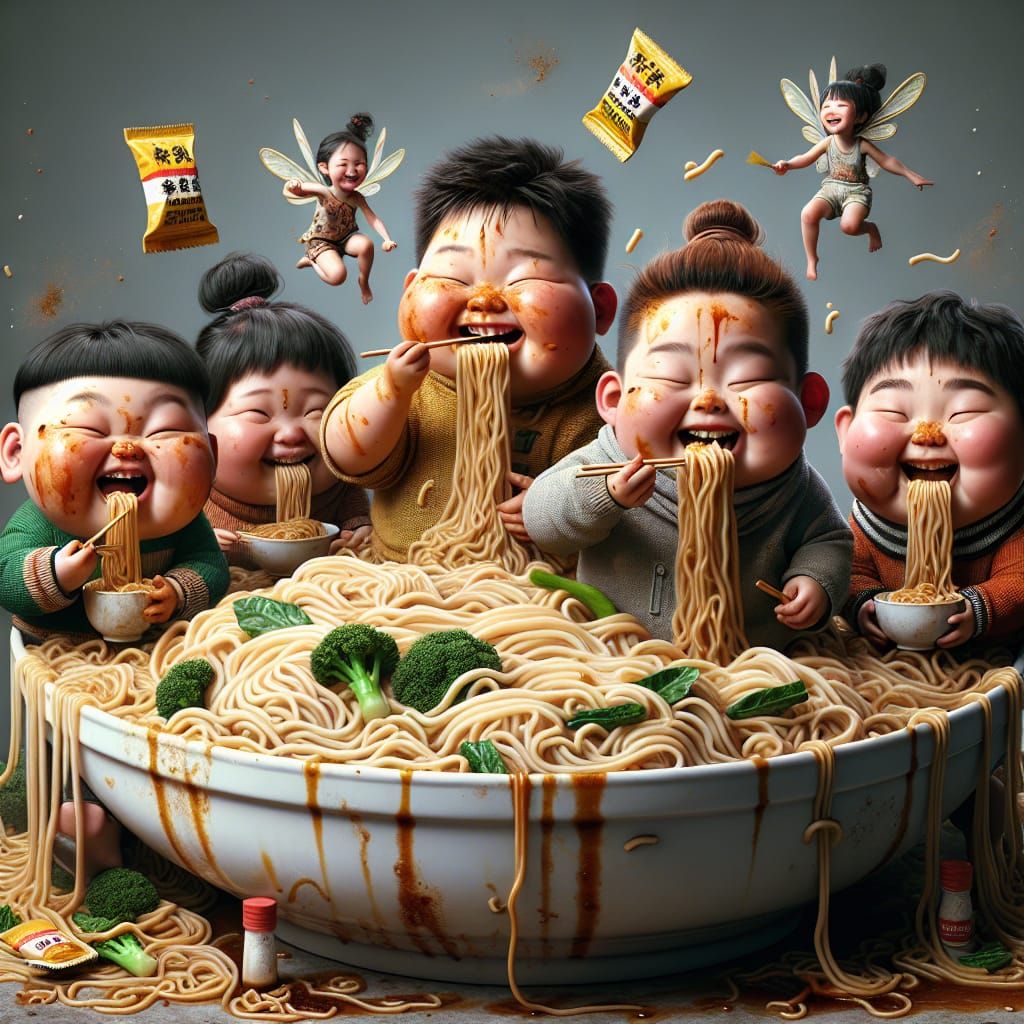 Joyful Noodle Feast with Playful Fairies