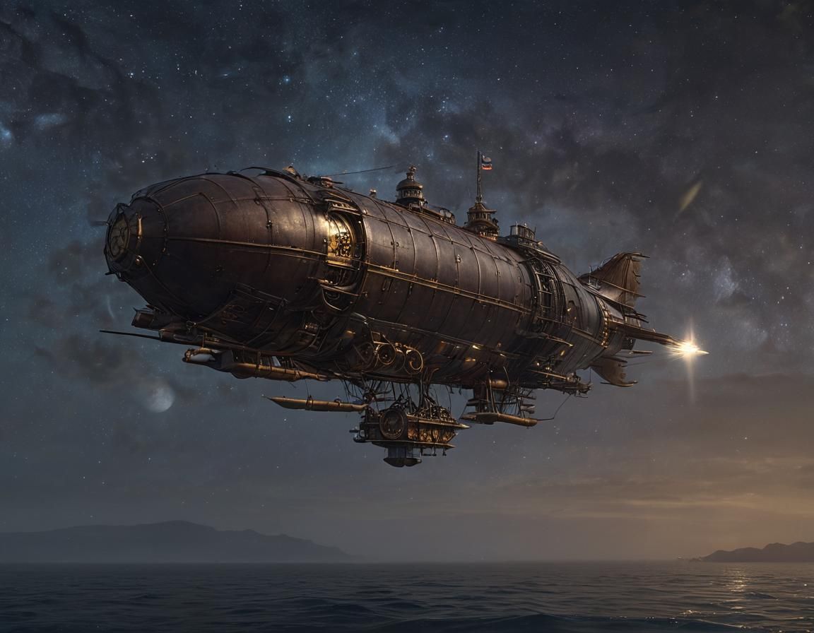 Steampunk Airship Patrolling Starry Skies as Digital Art