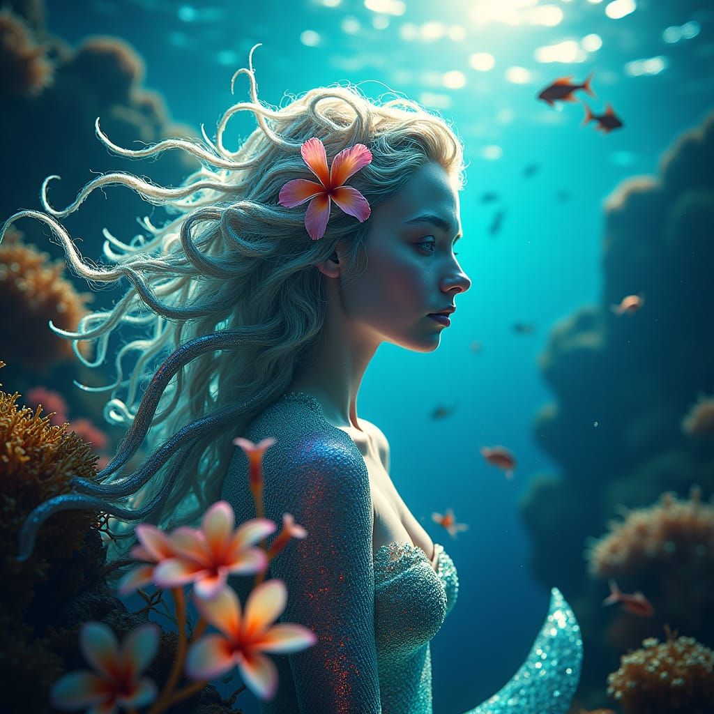 A hyper realistic double exposure of an mermaids at sea, dou...