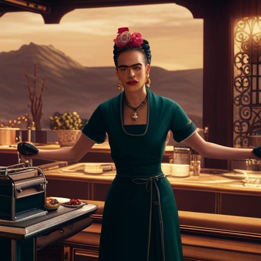Frida Kahlo at a Diner: Detailed Matte Painting